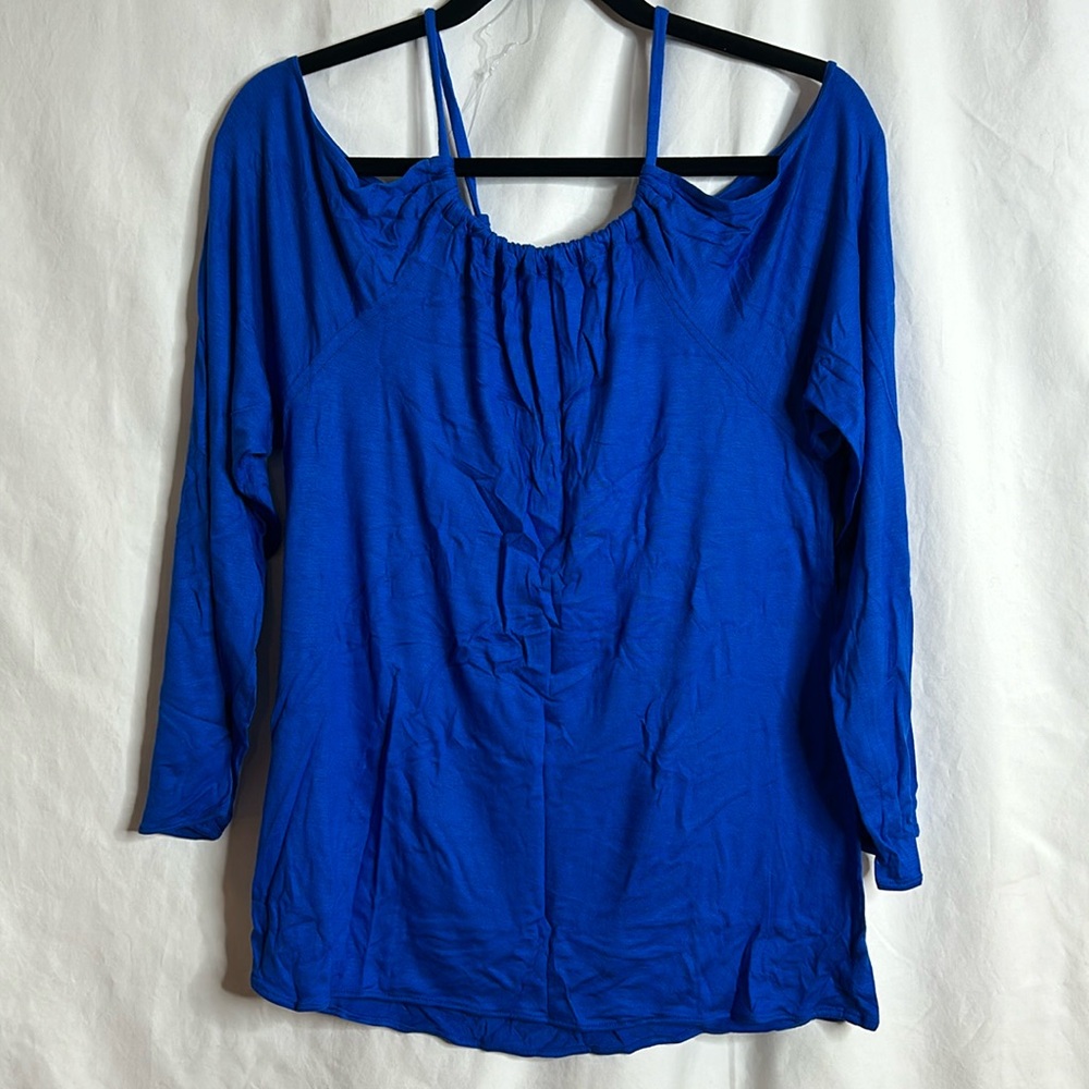 NWT Yana K Womens Blue Stretch Cold Shoulder Tie Back Top One Size